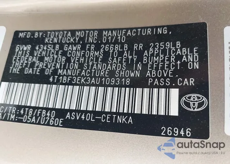 2010 Toyota Camry Le из США, поврежденный, VIN 4T1BF3EK3AU109318